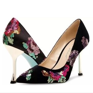Elegant Black Floral Sequin Heels